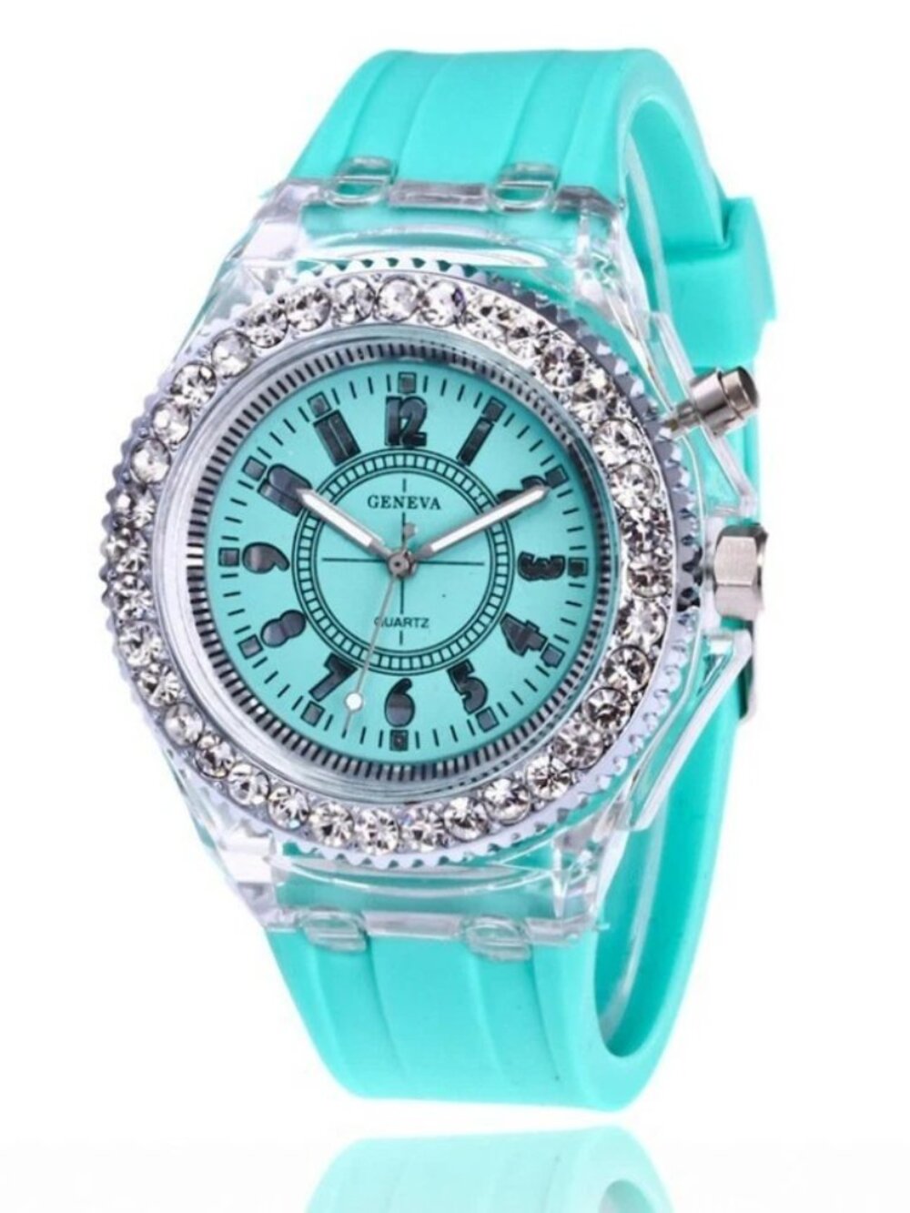 LED Light Up Analog Wrist Watch Teal Green Band Crystal Bezel Gift Unisex